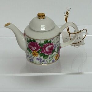Mini Tea Pot 3” Decorative Floral Design Gold Trim Cottage Core